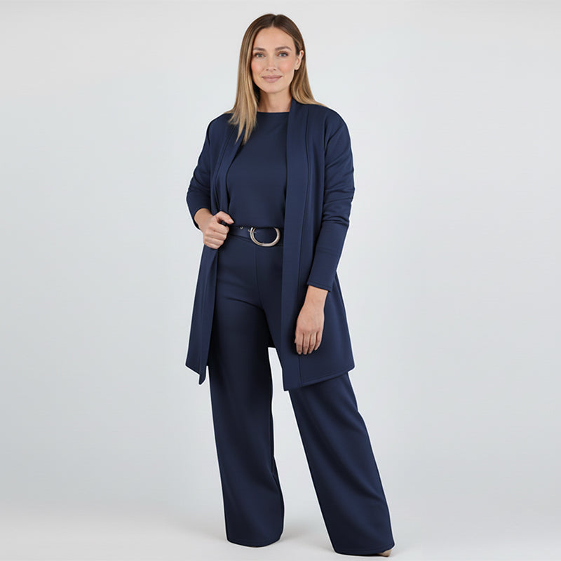 Maria Helena | Elegante Conjunto de 3 peças Composto por Cardigan Longo, Top e Calças