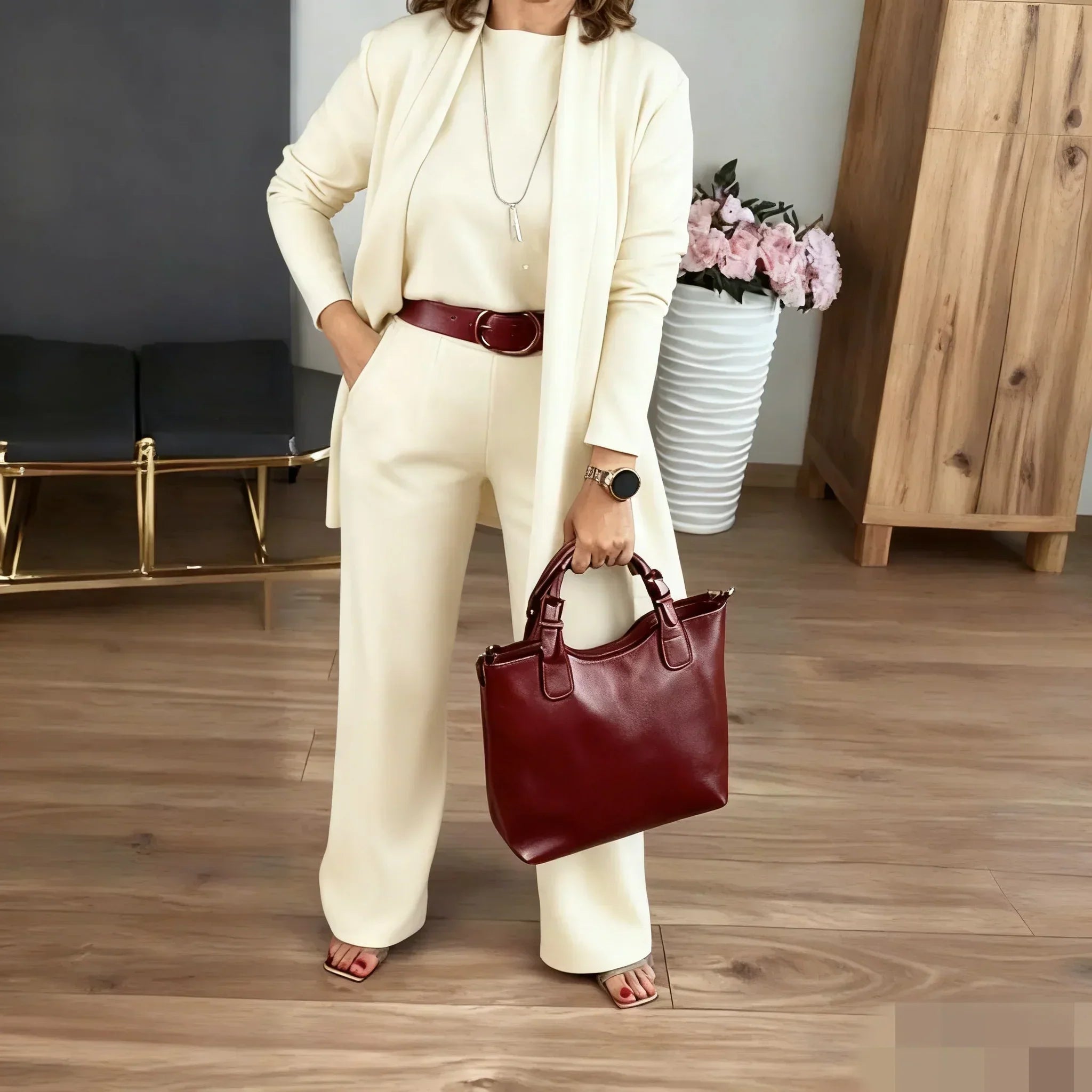 Maria Helena | Elegante Conjunto de 3 peças Composto por Cardigan Longo, Top e Calças