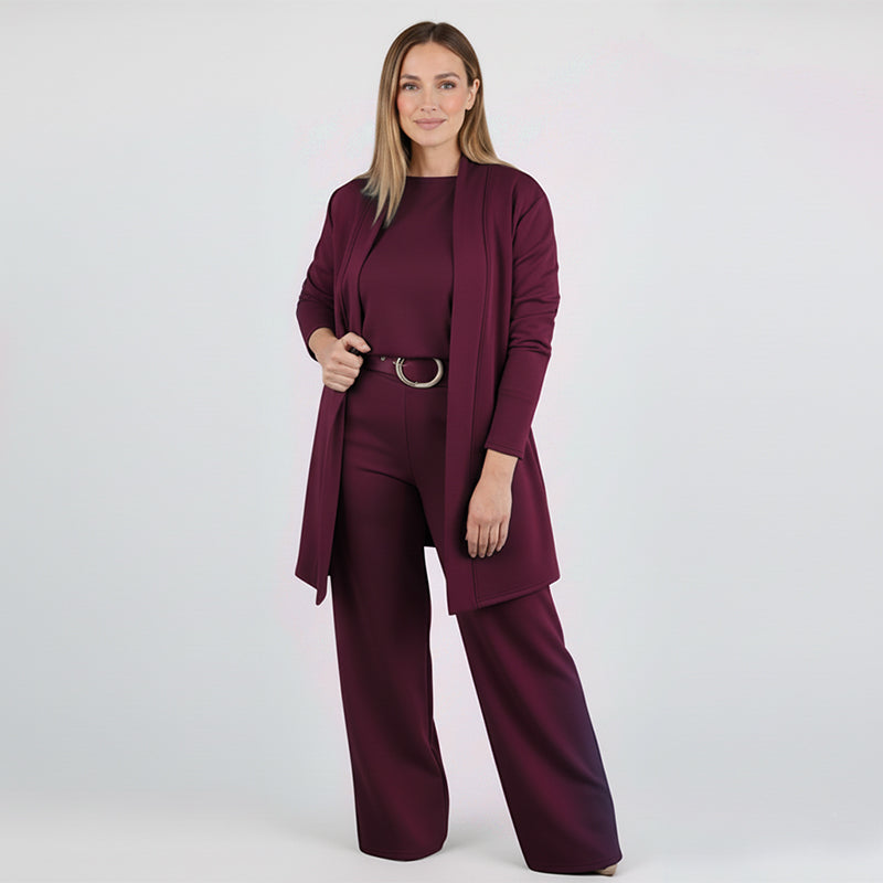 Maria Helena | Elegante Conjunto de 3 peças Composto por Cardigan Longo, Top e Calças