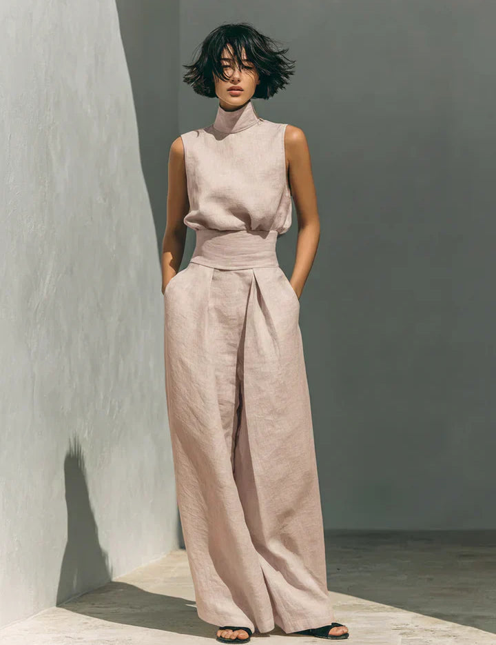 Flor | Conjunto Minimalista de Top sem Mangas e Calças de Perna Larga em Algodão e Linho para Mulher