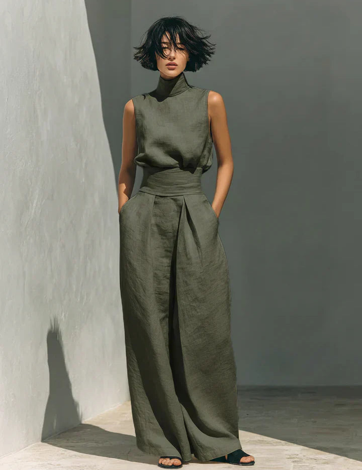Flor | Conjunto Minimalista de Top sem Mangas e Calças de Perna Larga em Algodão e Linho para Mulher